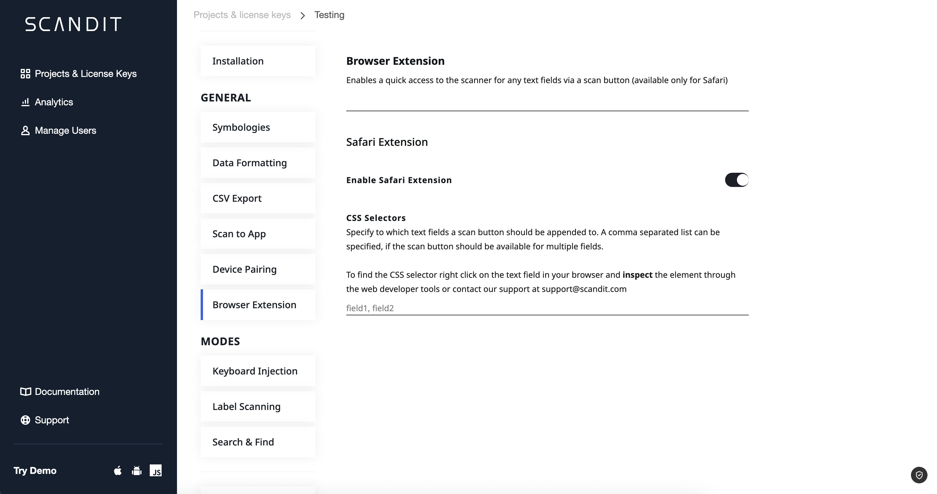Safari Extension Dashboard